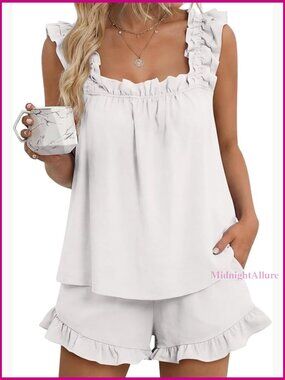 Sleeveless Ruffle Tank Top and Shorts Pajama Set Size Small Lightweight